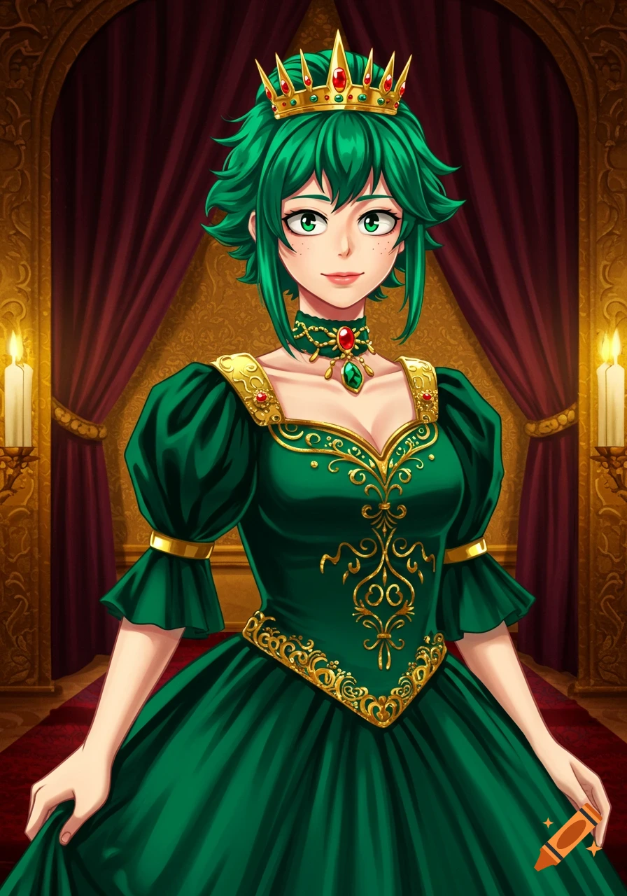 Anime illustration of a person with green hair wearing a jeweled crown and an elegant green dress in a royal setting.