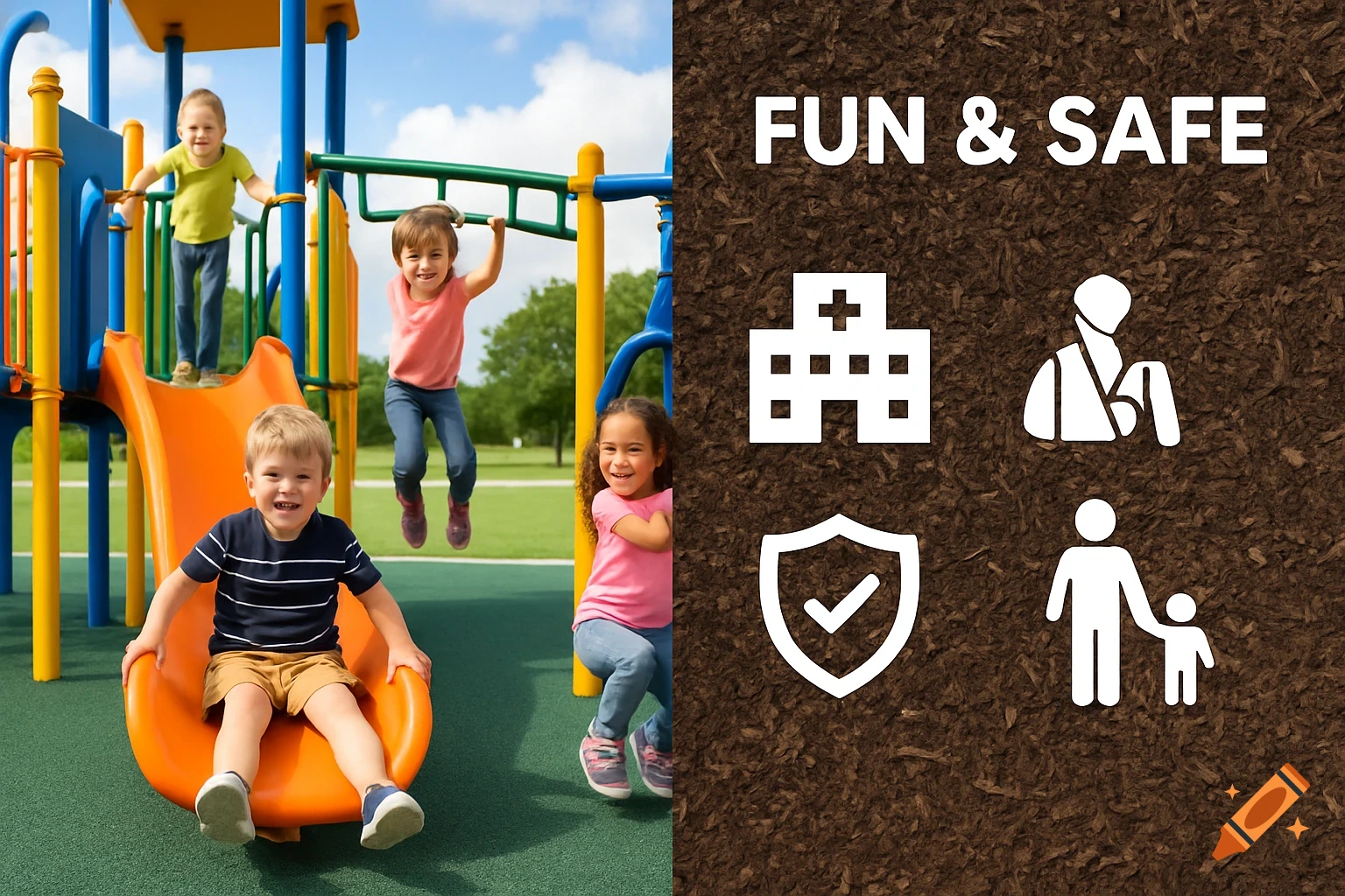 Split screen shows children playing on a colorful playground with rubber surface on the left, and safety icons and 'FUN & SAFE' text on a mulch background on the right.