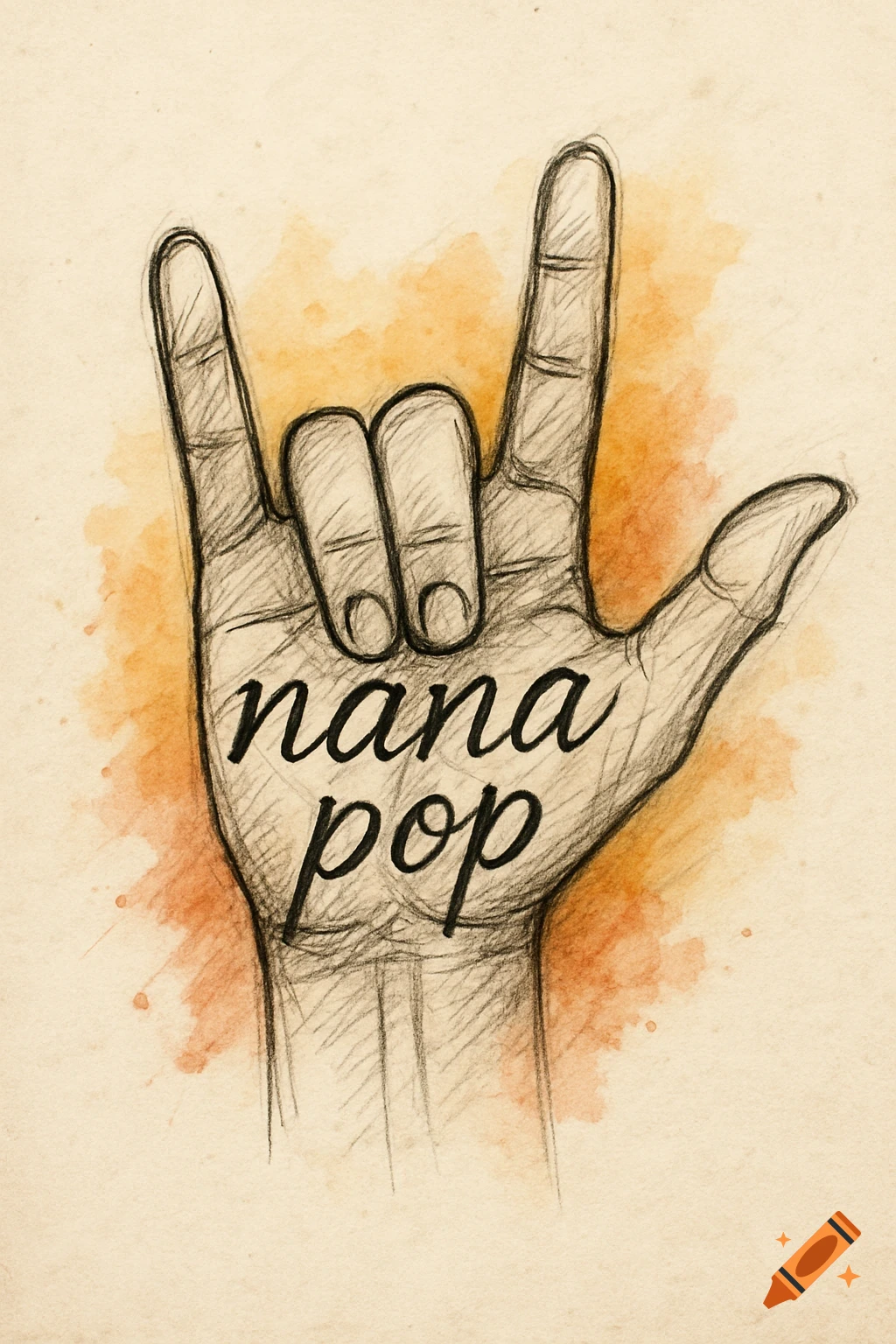 Sketch drawing of a hand making the rock on or ILY symbol with 'nana pop' written on it.