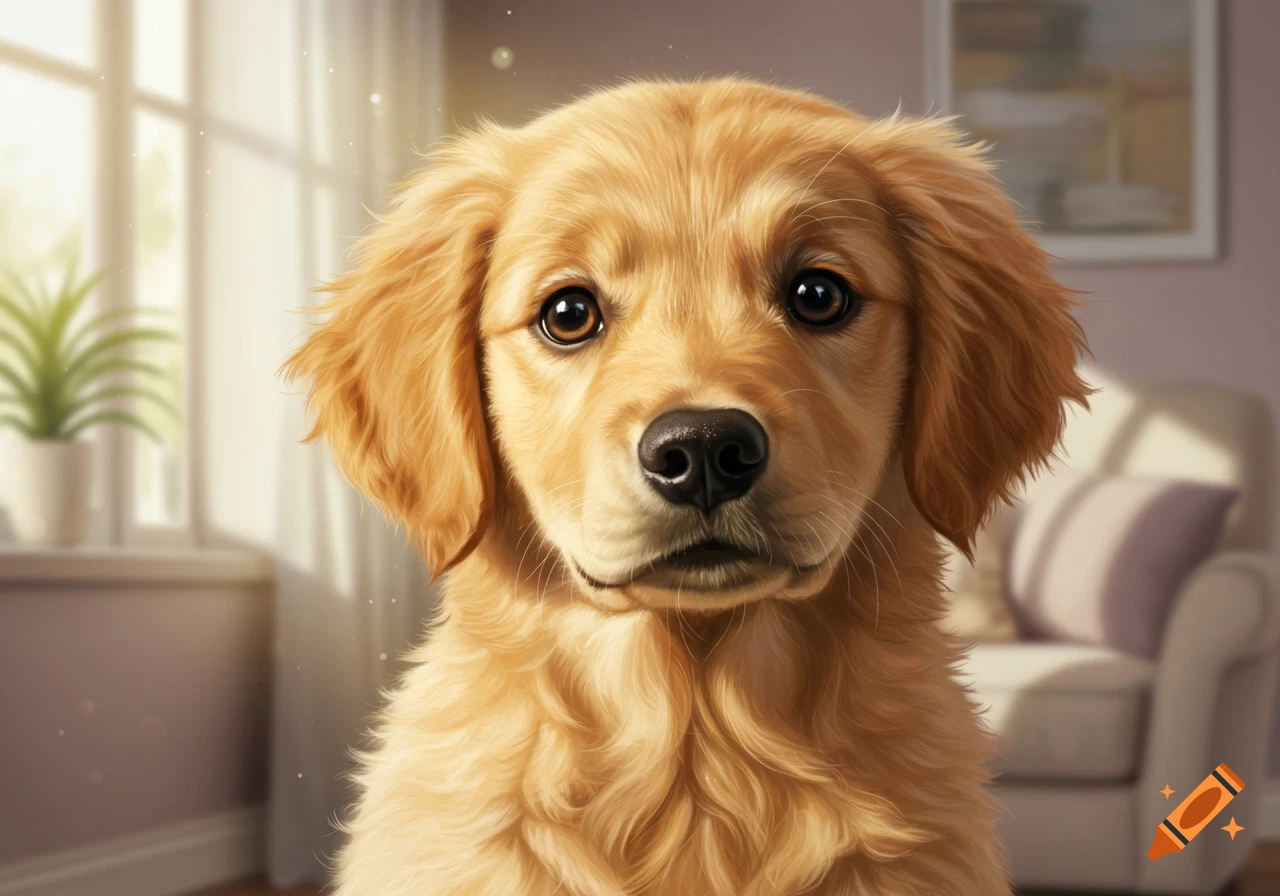 Close-up portrait of a cute golden retriever puppy indoors