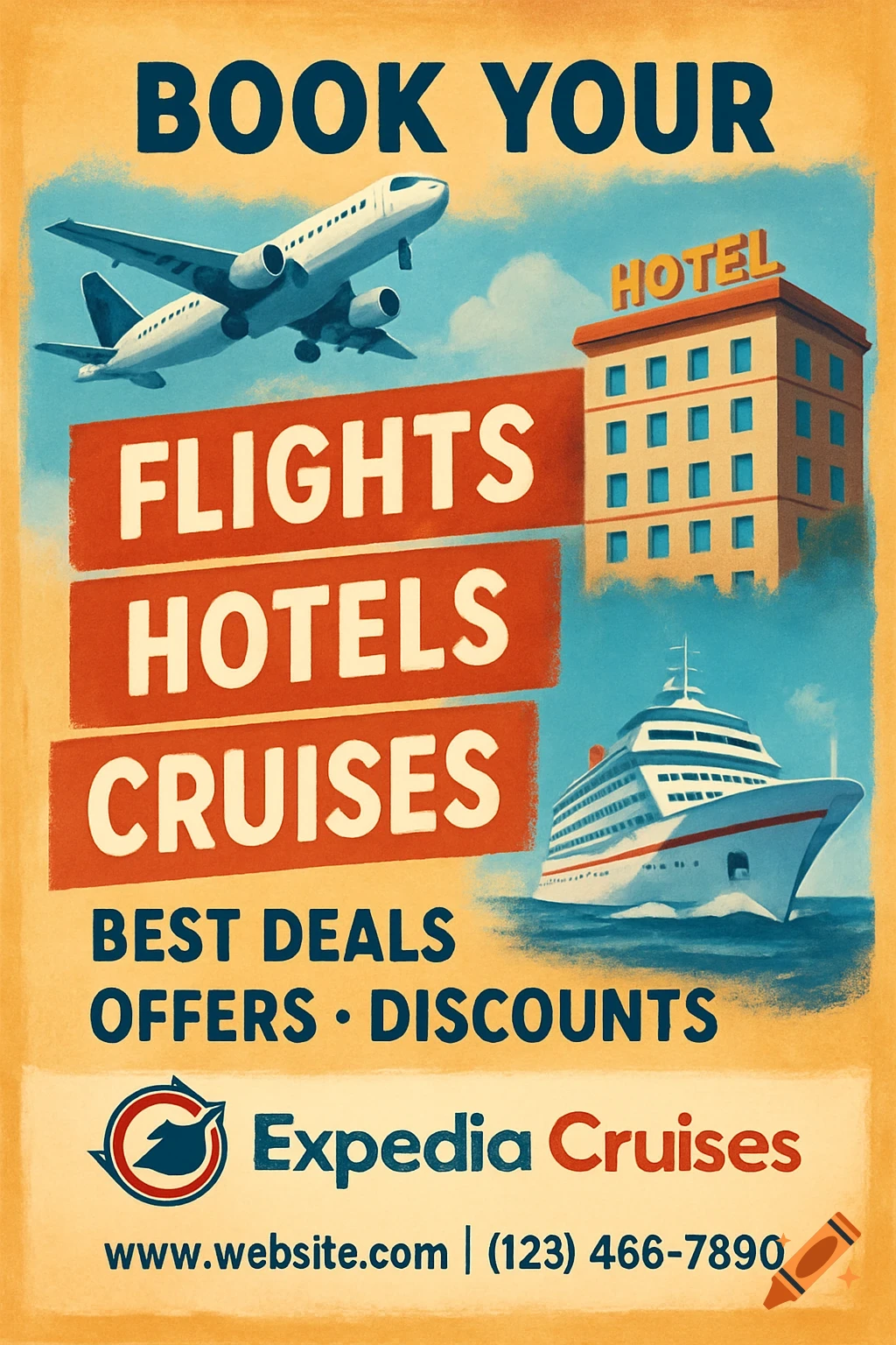 A vintage travel poster with text 'BOOK YOUR FLIGHTS HOTELS CRUISES', showing an airplane, hotel, and cruise ship.