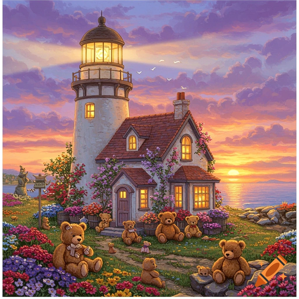 A fantasy illustration of a lighthouse and house surrounded by flowers and teddy bears at sunset.