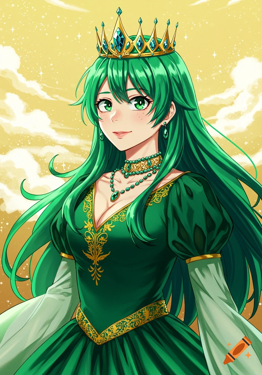 Anime portrait of a queen with long green hair, a green dress, and a  jeweled golden crown. on Craiyon