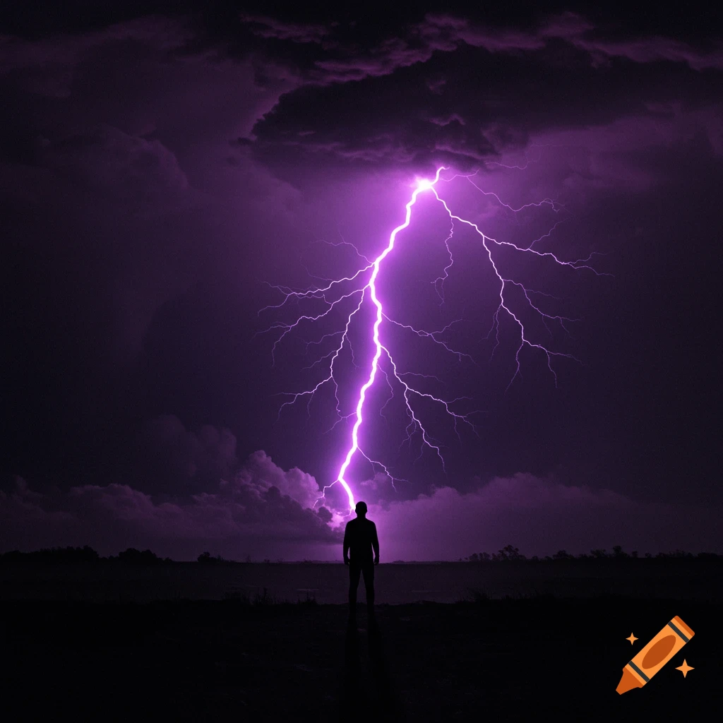 Silhouette of a person standing under a bright purple lightning strike in a dark landscape.