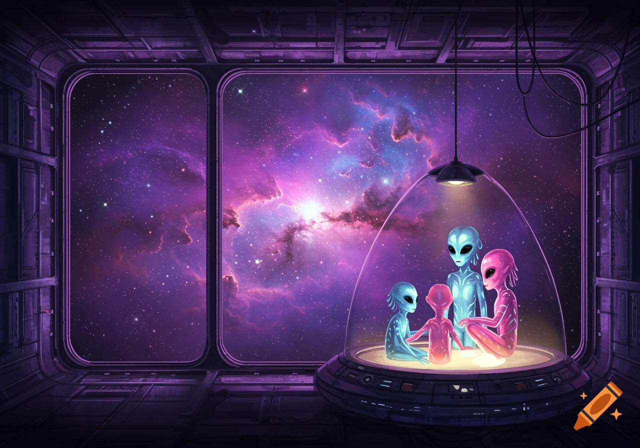 Cartoon aliens in a spaceship look out a window at a colorful nebula.