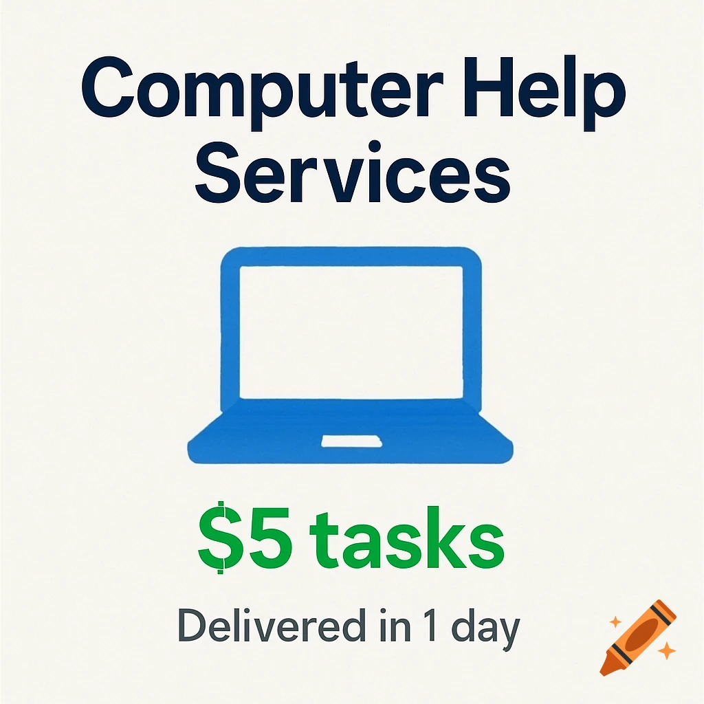 Minimalist design with blue laptop icon and text 'Computer Help Services', '$5 tasks', 'Delivered in 1 day'