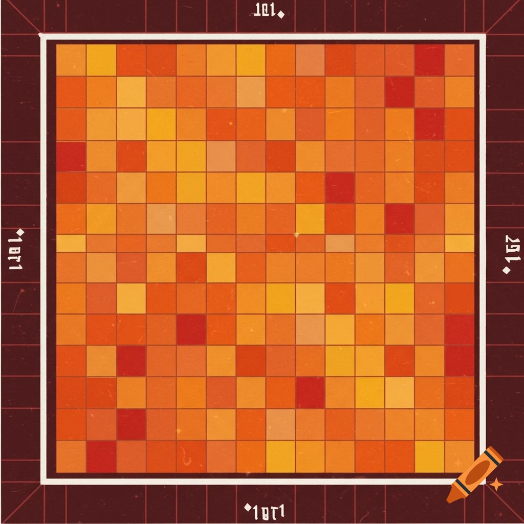 Abstract square grid game board with orange, yellow, and red tiles and a dark border.