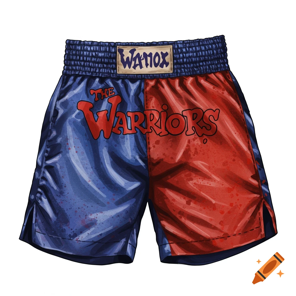 Illustration of split blue and red boxing shorts with the text 'THE WARRIORS' and 'WAMOX'.