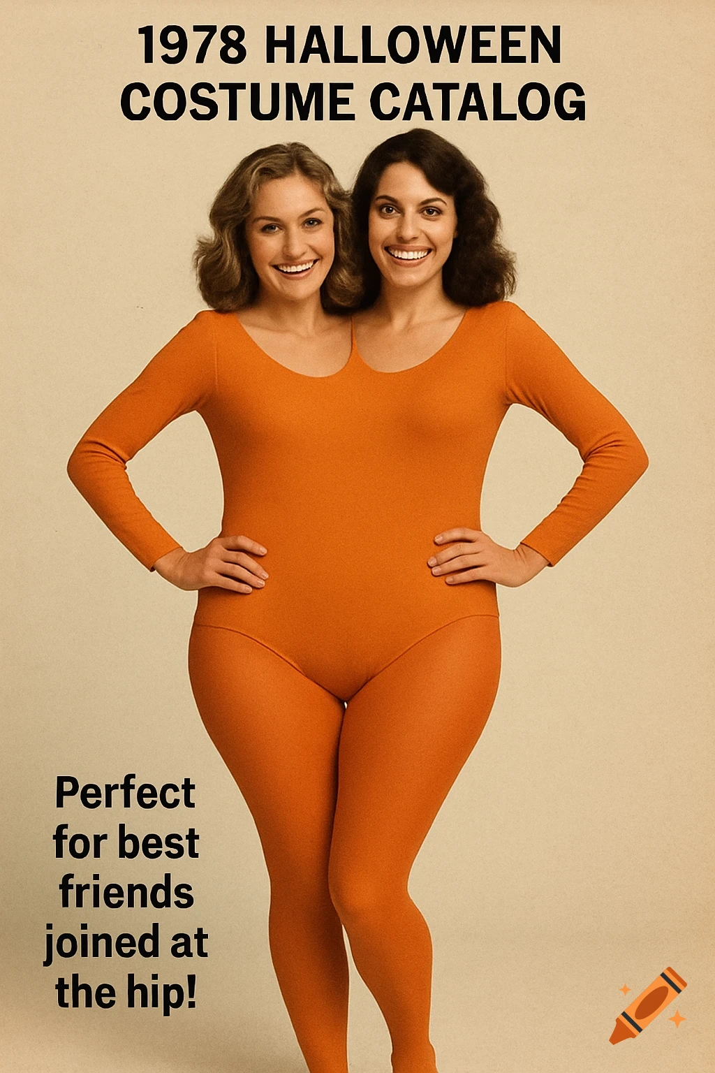 Two women merged into one body wear an orange bodysuit and tights on a vintage-style 1978 Halloween catalog cover.