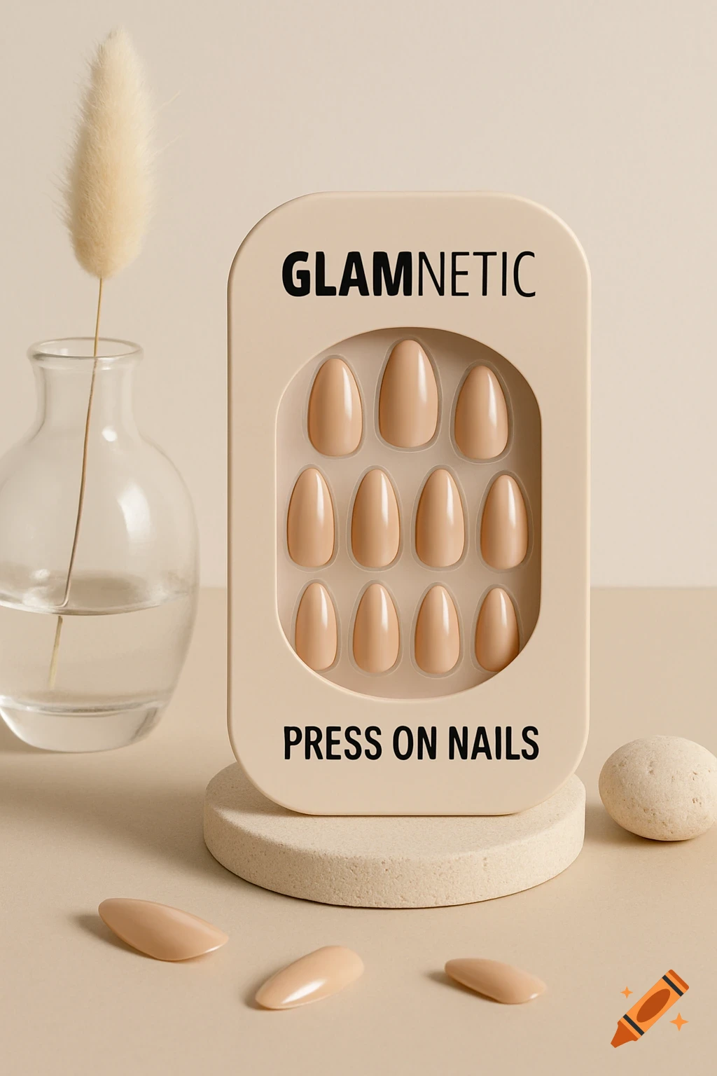 A box of Glamnetic press on nails in a minimalist aesthetic still life with a vase and stone.