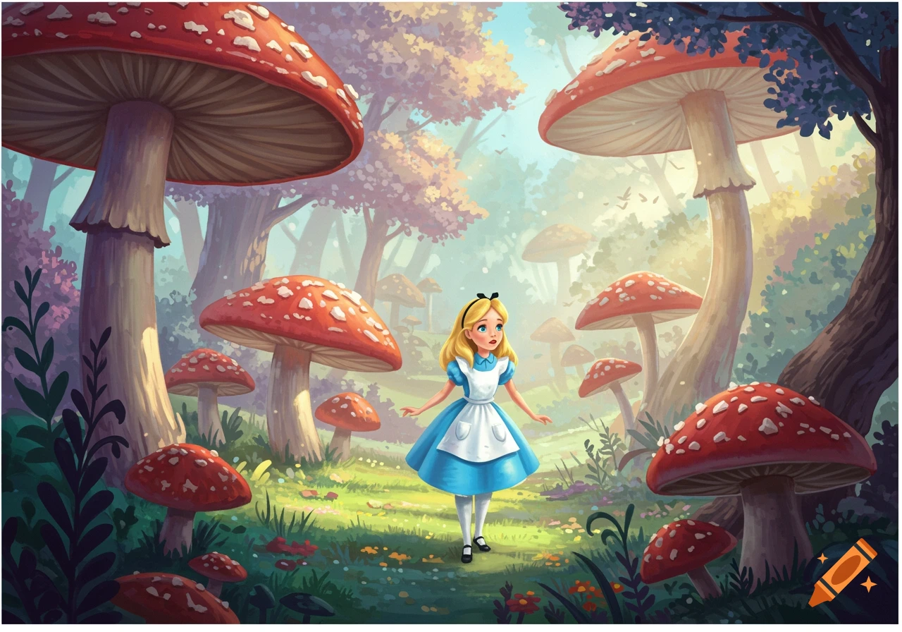 Illustration of Alice in Wonderland standing among giant red mushrooms in a forest.
