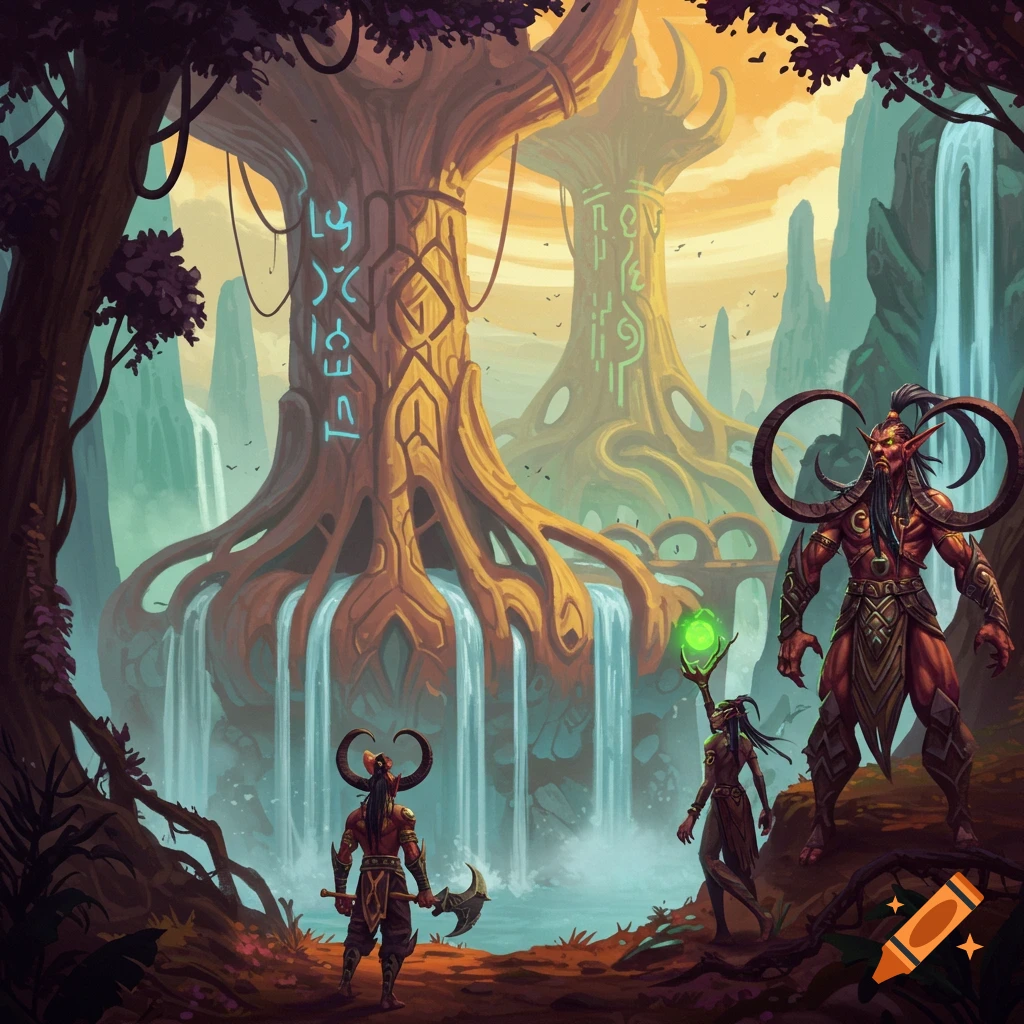 Fantasy scene with demonic figures standing before colossal ancient trees covered in glowing runes and waterfalls, surrounded by lush forest.