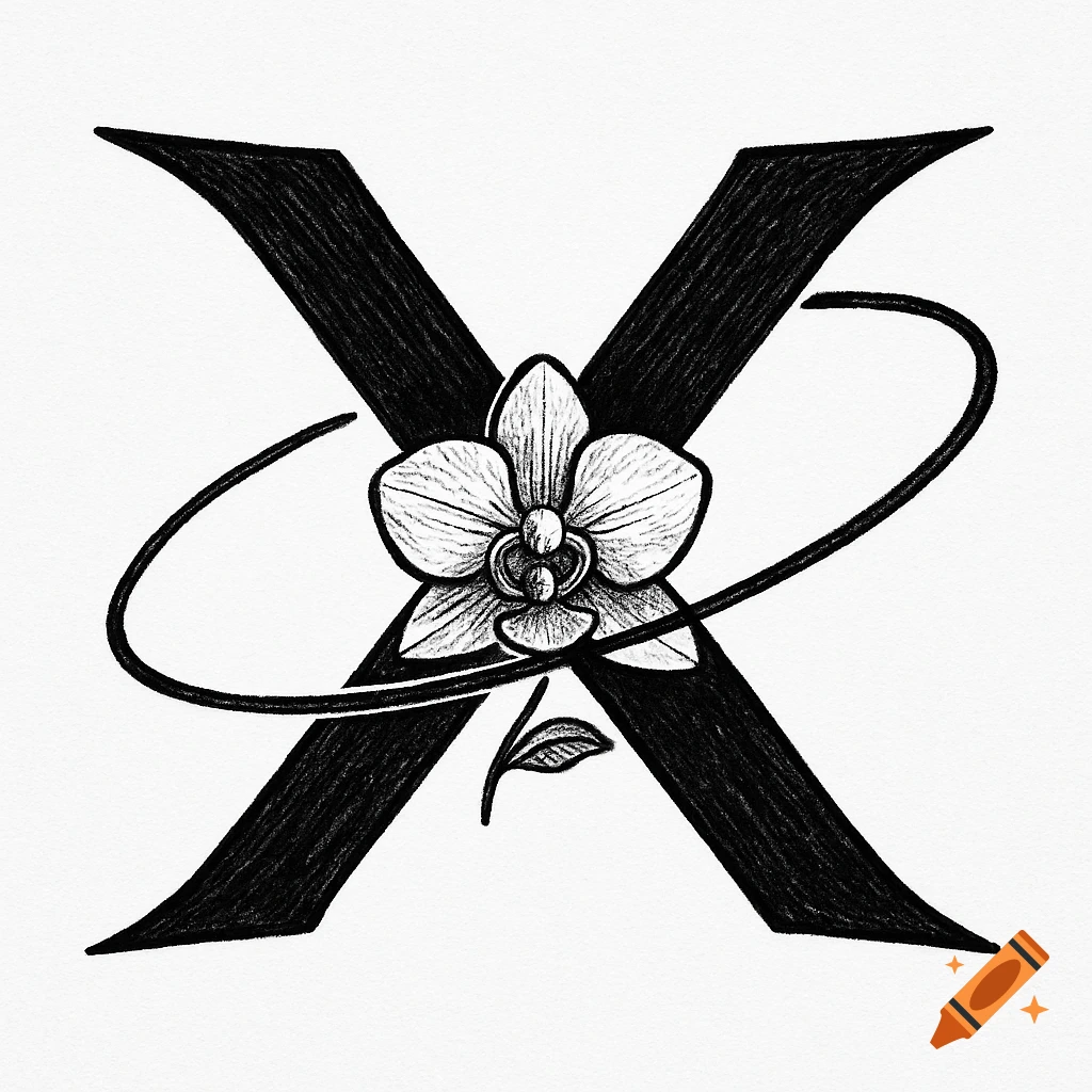 Stylized black letter X with an orchid flower and an elliptical ring in sketch style.