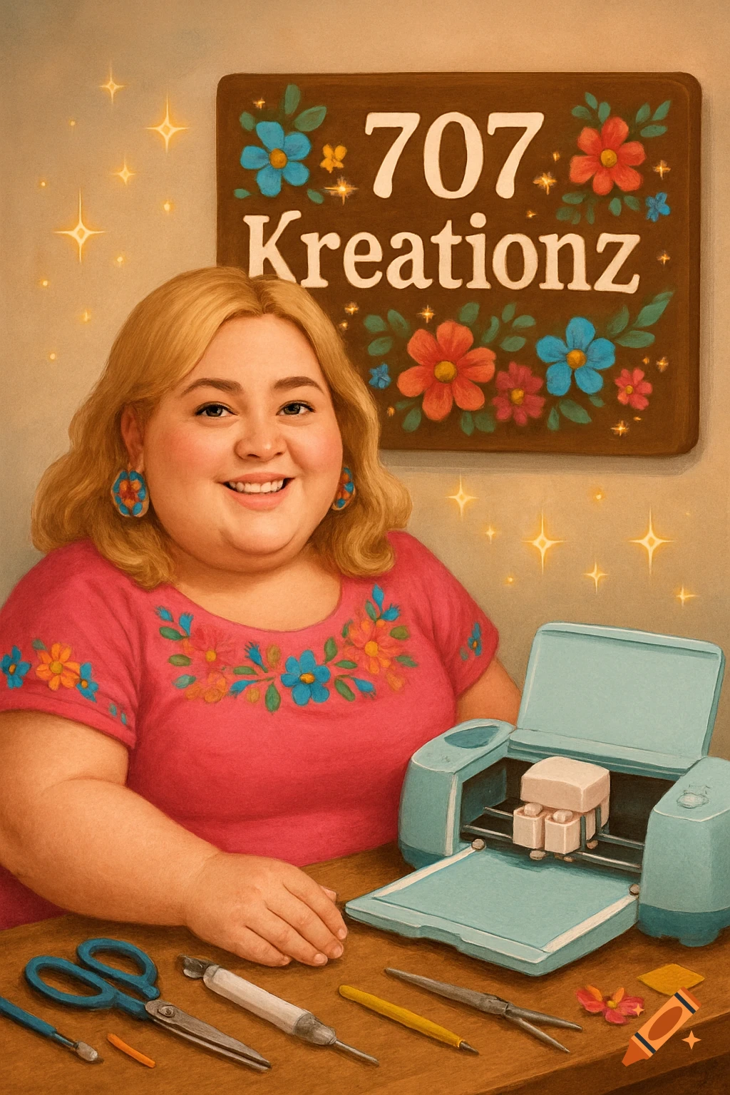 A person sits at a desk with craft tools and a cutting machine, smiling in front of a sign that says '707 Kreationz'.