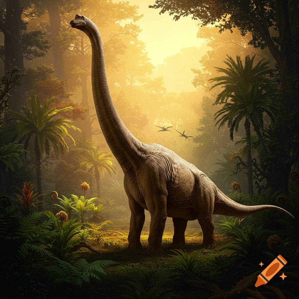 A Brachiosaurus stands in a sunlit prehistoric forest.