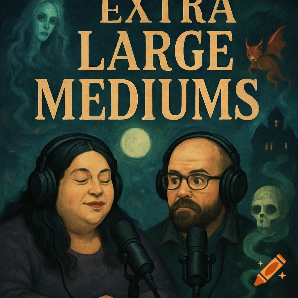 Podcast cover with two people and spooky elements, title 'EXTRA LARGE MEDIUMS'.
