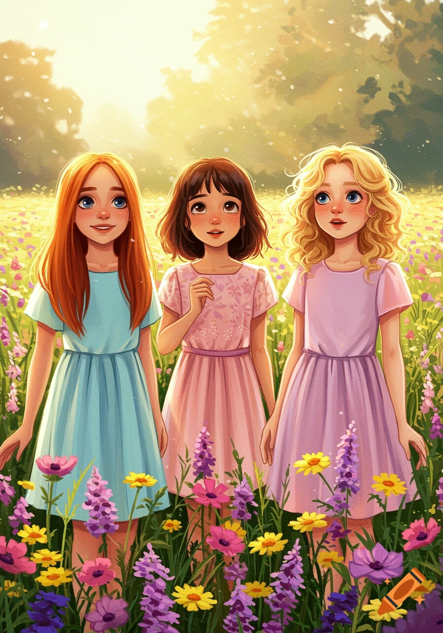 Three girls stand in a sunny field of colorful flowers. Illustrated style.