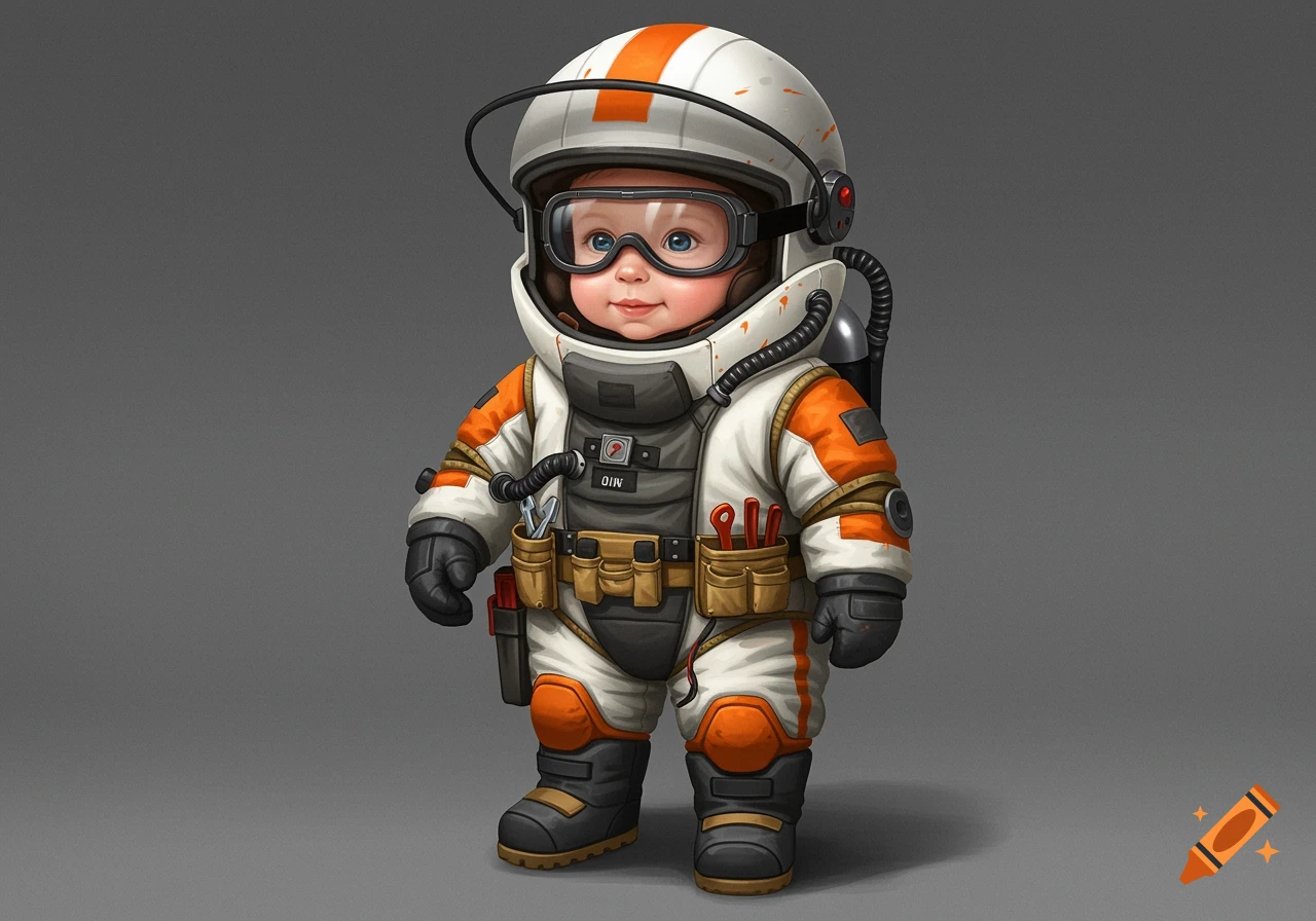 Illustration of a baby wearing a white and orange space or bomb disposal suit with goggles and a helmet.