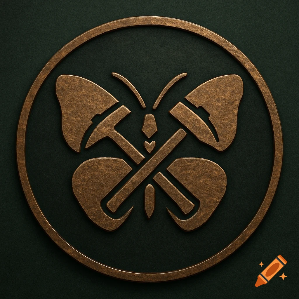A bronze emblem logo featuring a butterfly formed by crossed mining picks and shovels within a circle.