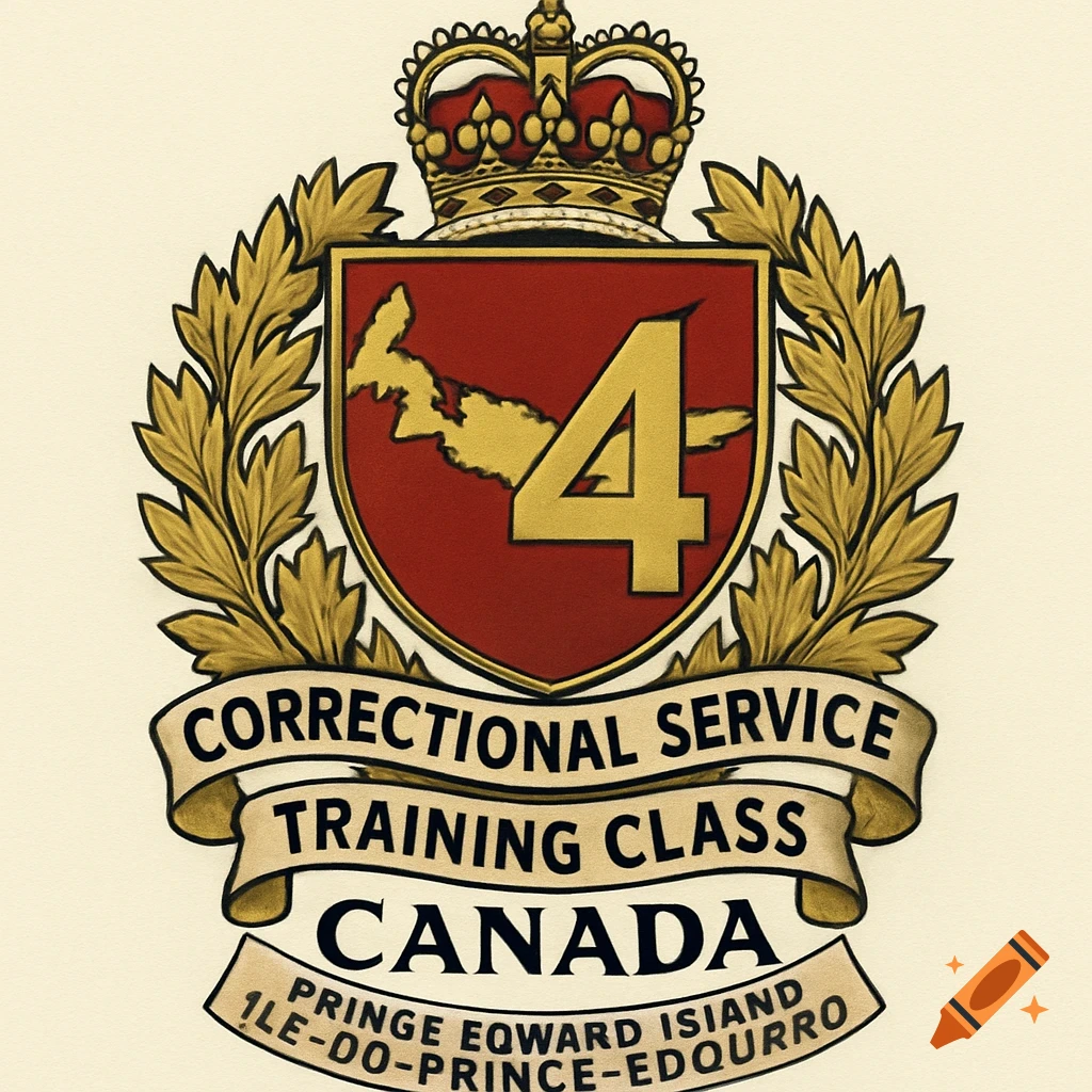 A gold and red crest featuring a crown, laurel leaves, a shield with a map of Prince Edward Island and the number 4, and ribbons with text.