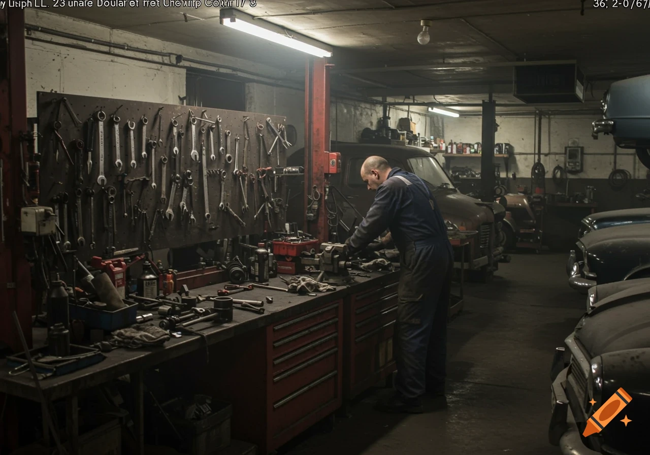 A man works in a dimly lit mechanics garage with walls of tools and old cars.