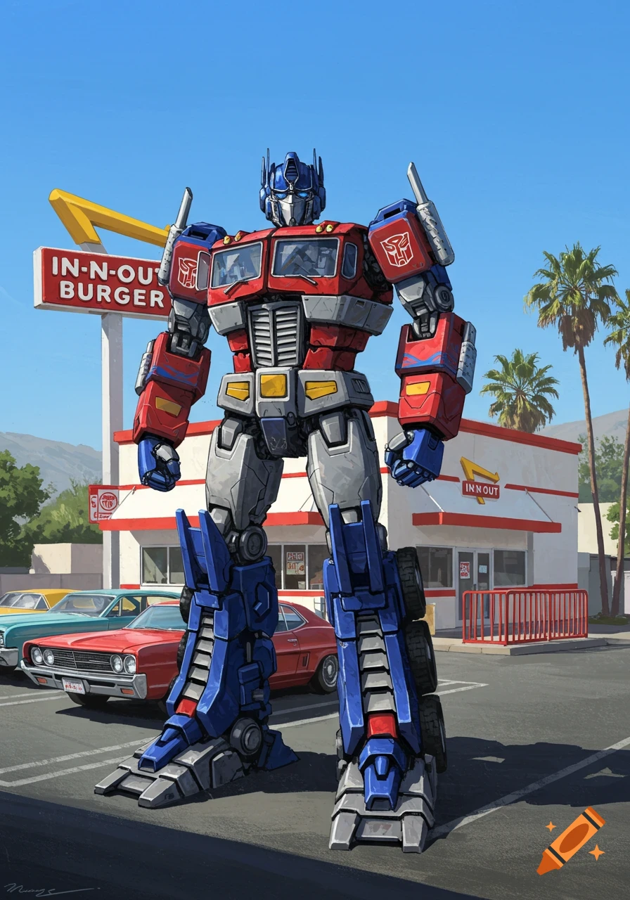 Detailed illustration of Optimus Prime standing in front of an In-N-Out Burger restaurant.