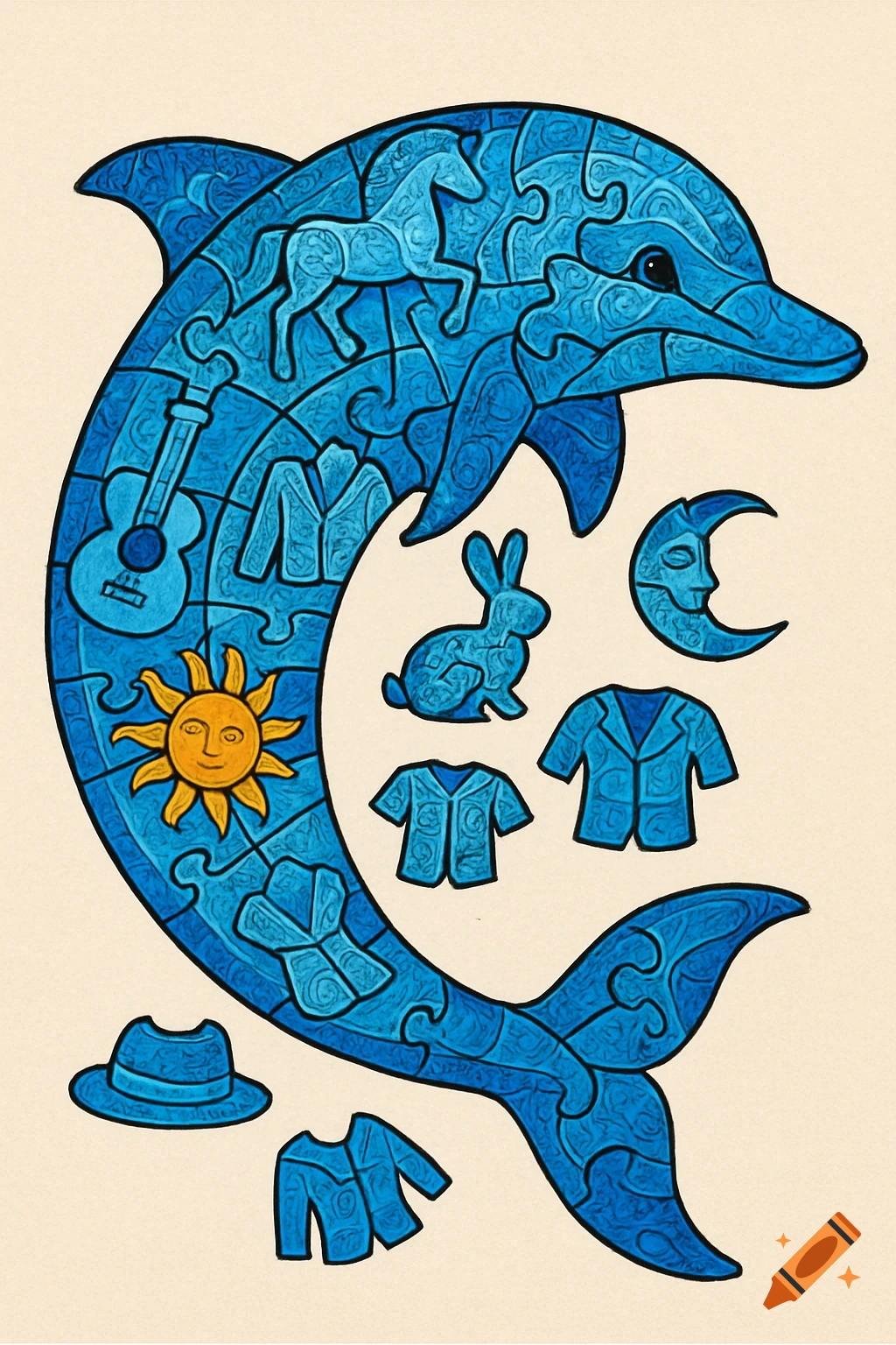 Stylized blue dolphin puzzle with pieces shaped like a horse, guitar, rabbit, sun, moon, jacket, and hat outlined in black.
