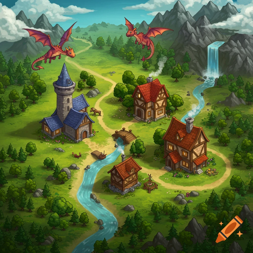 Isometric illustration of a fantasy village map with houses, tower, river, mountains, and two red dragons flying overhead.