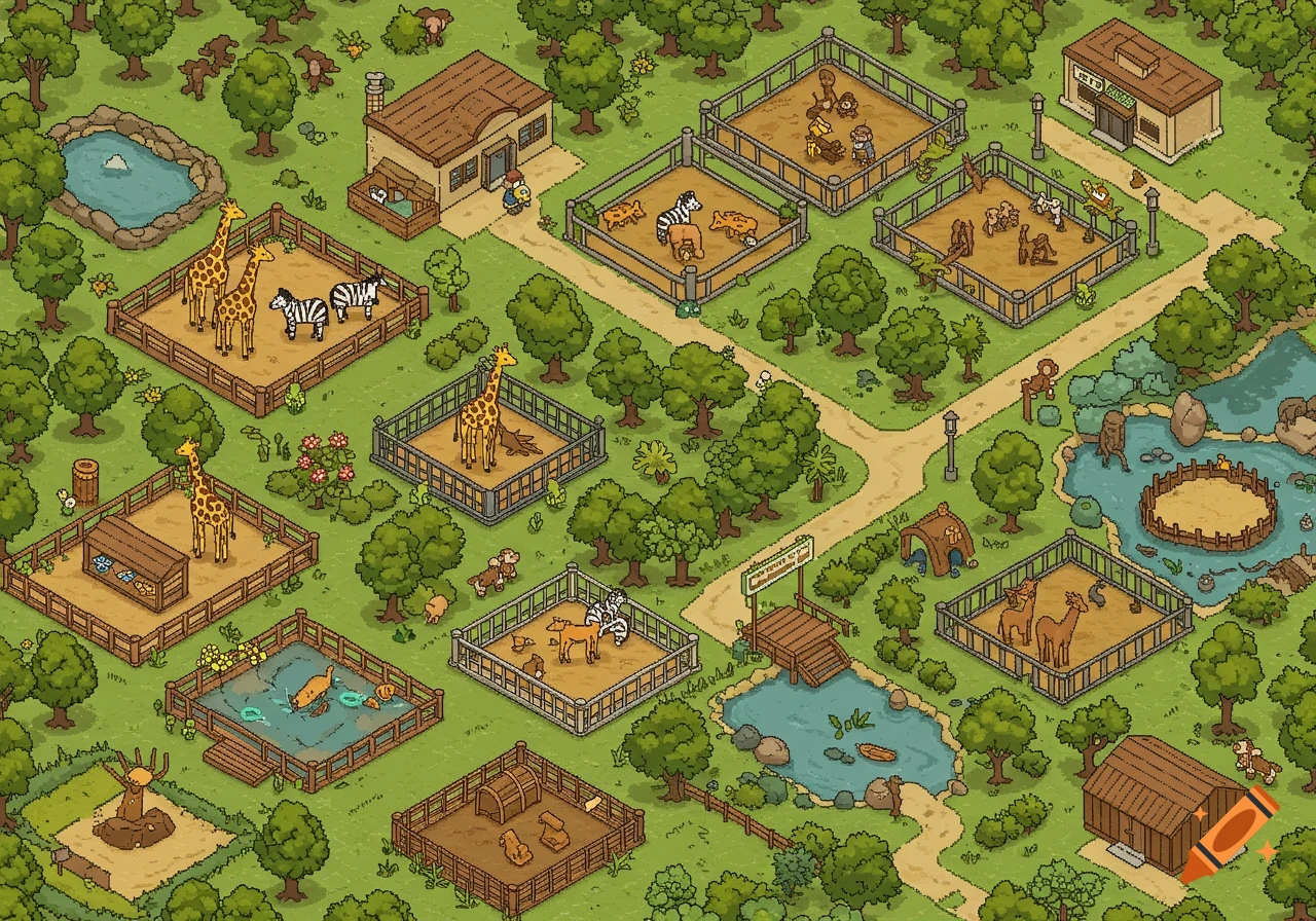 Isometric pixel art view of a zoo with various animal enclosures, paths, trees, and ponds.