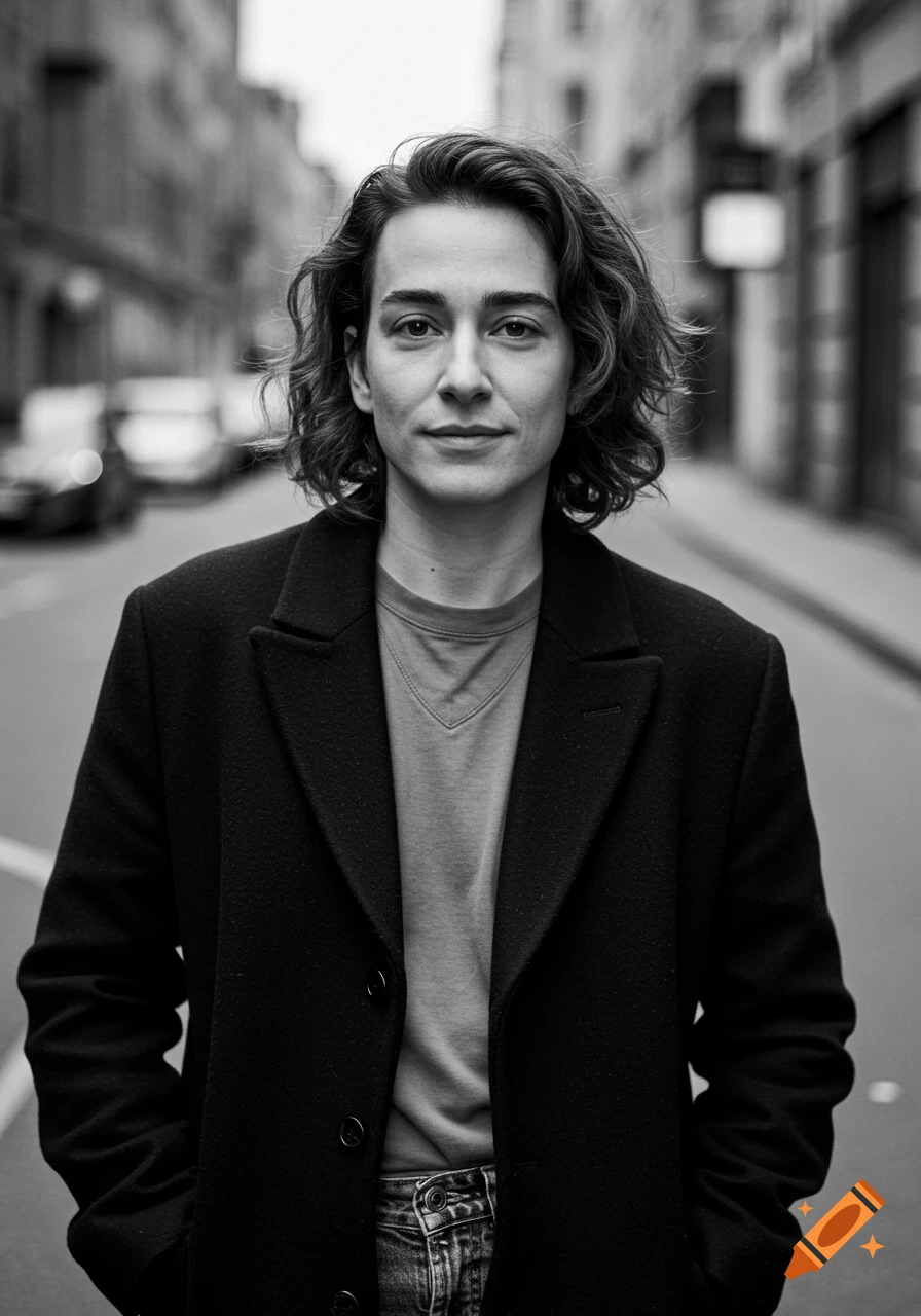 Black and white portrait of a person with wavy hair wearing a coat on a city street.