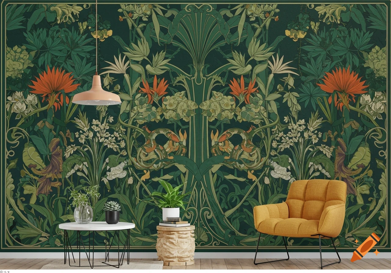 A room with a large green Art Nouveau jungle print mural behind a yellow armchair and plants.