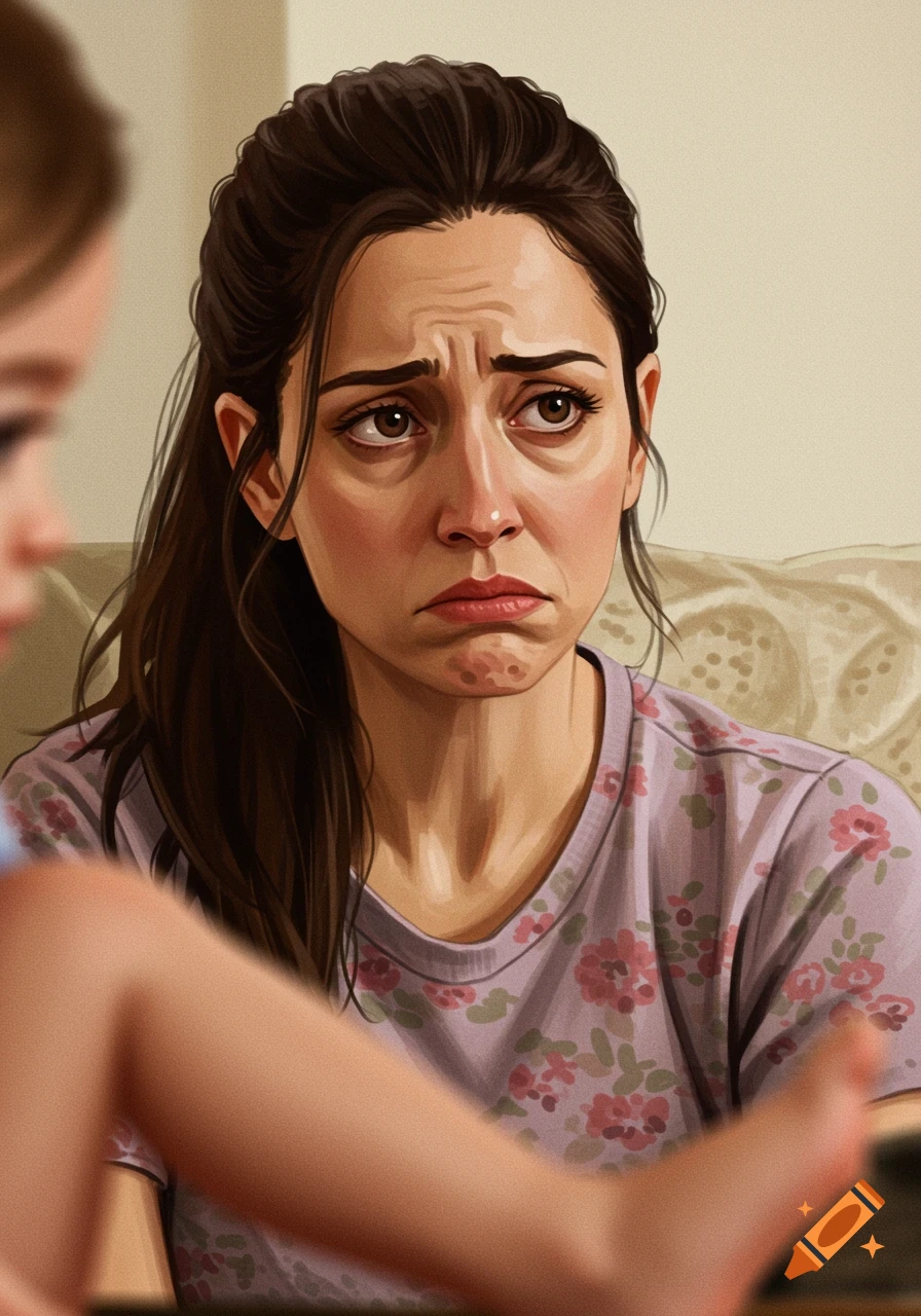 Portrait of a woman with a defeated expression.