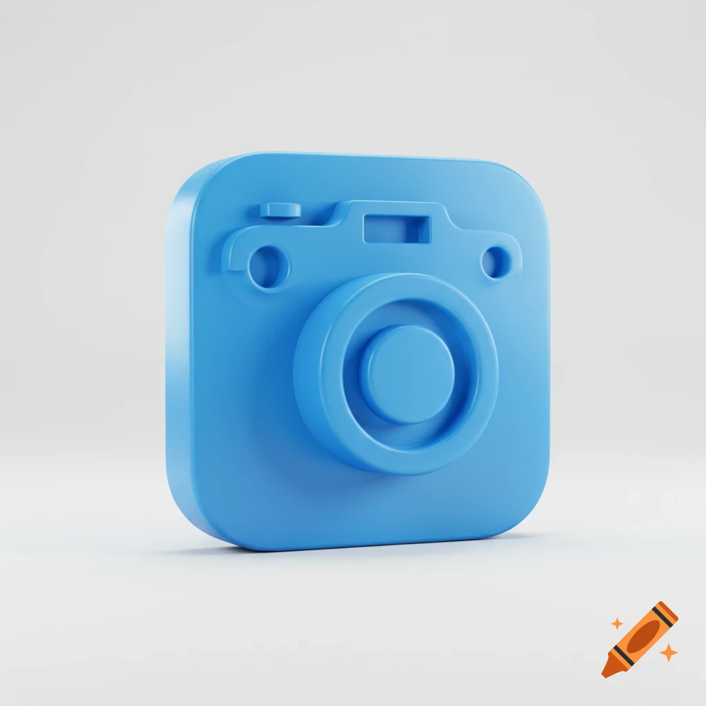 A blue 3D render of a camera icon.