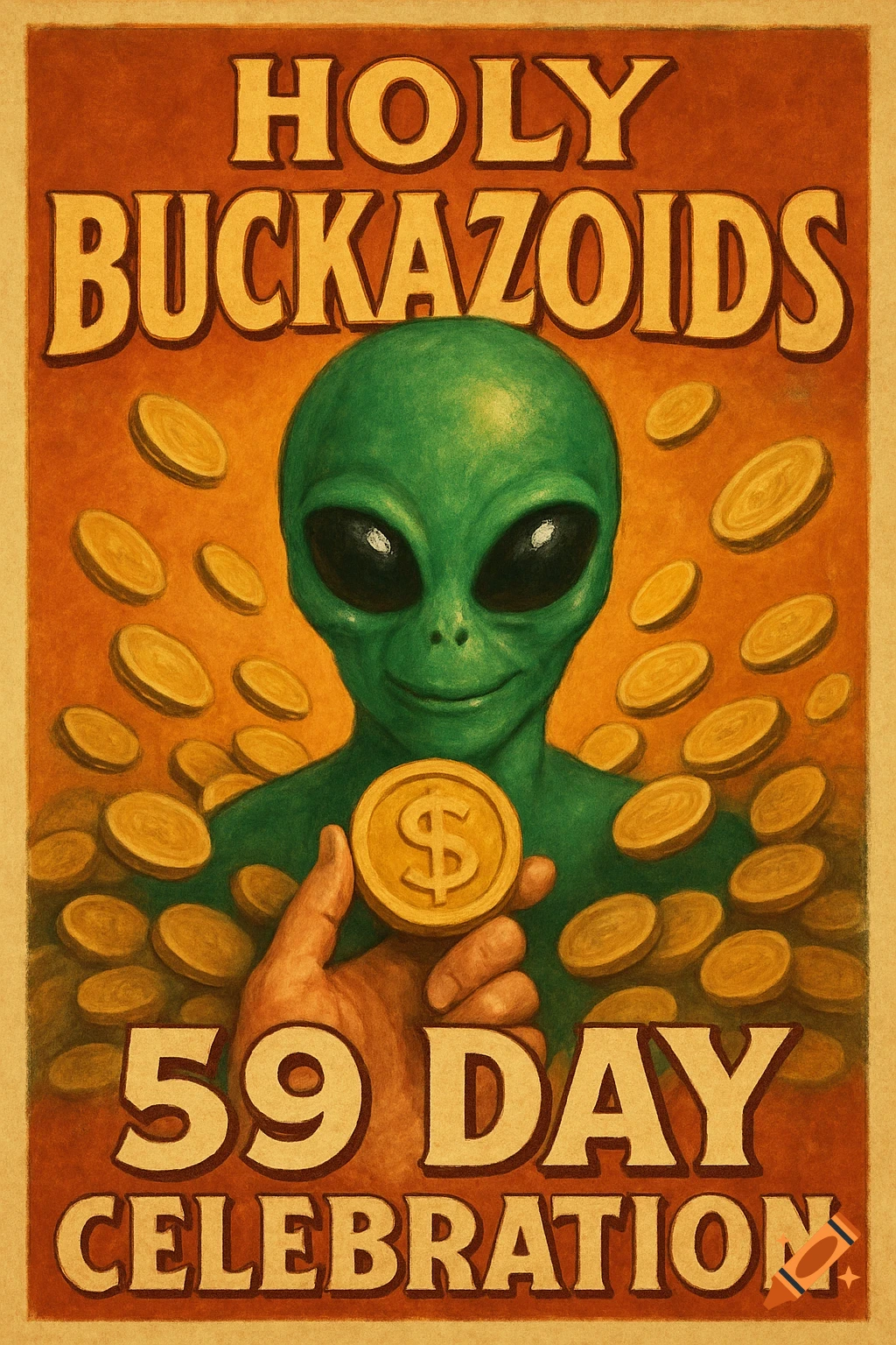 Stylized retro poster featuring a green alien holding a large dollar coin, surrounded by flying coins, with text.
