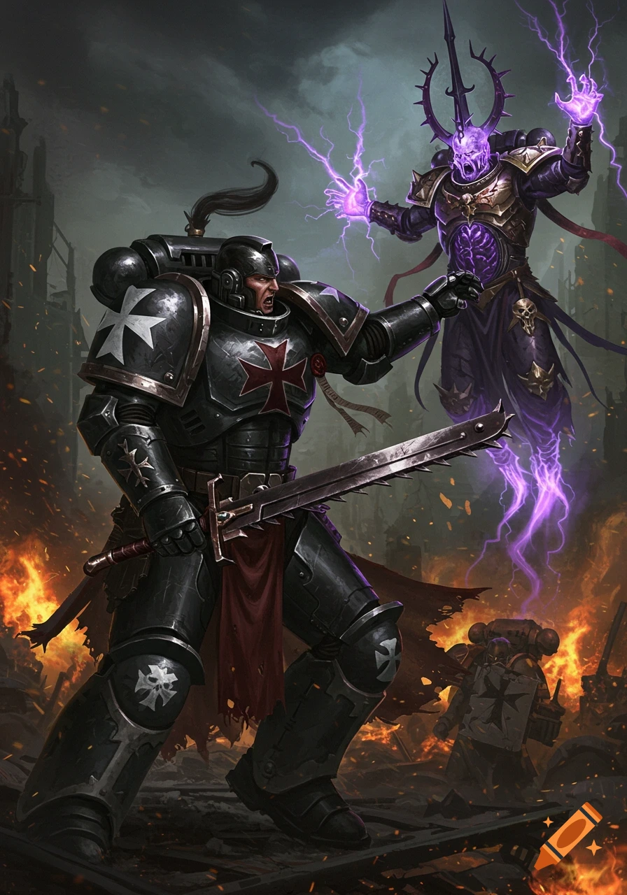 Black Templar Space Marine battles a Thousand Sons sorcerer in a ruined city