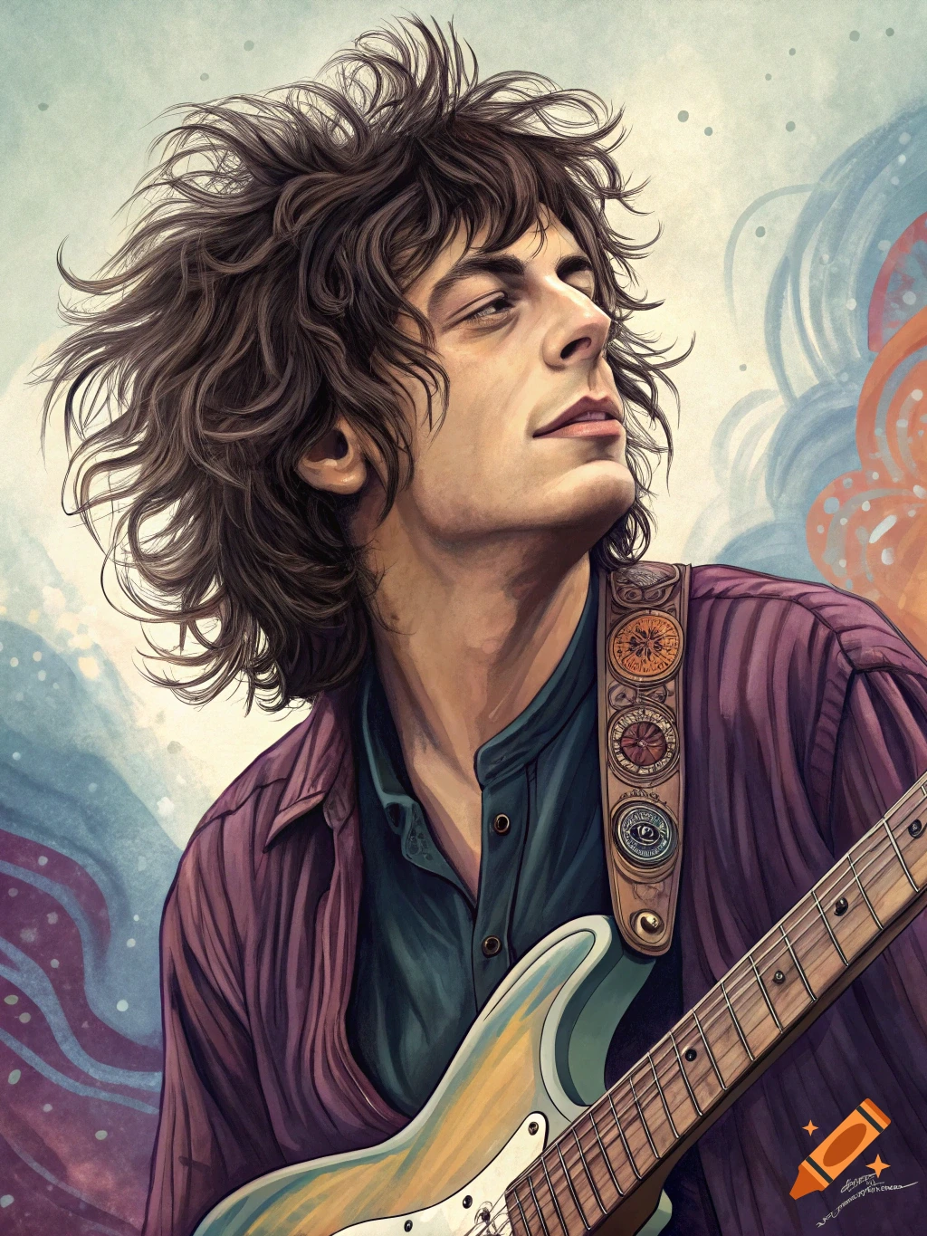 Illustrated portrait of a musician with messy hair playing a guitar