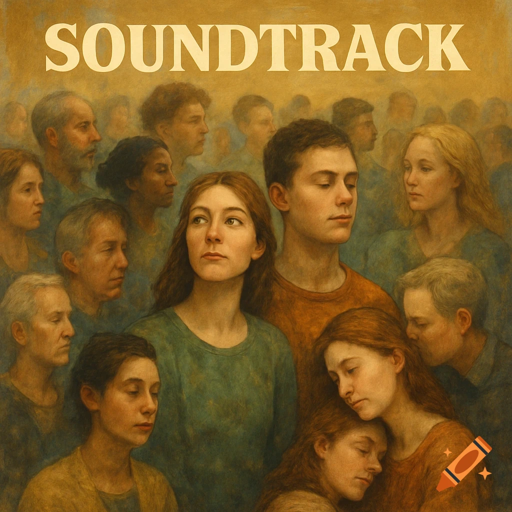 Painting of a crowd of diverse people with the text SOUNDTRACK above them.