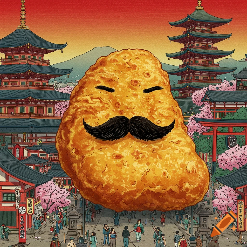 A giant chicken nugget with a mustache floats above a busy street scene in Japan with pagodas and cherry blossoms, in a Japanese art style.