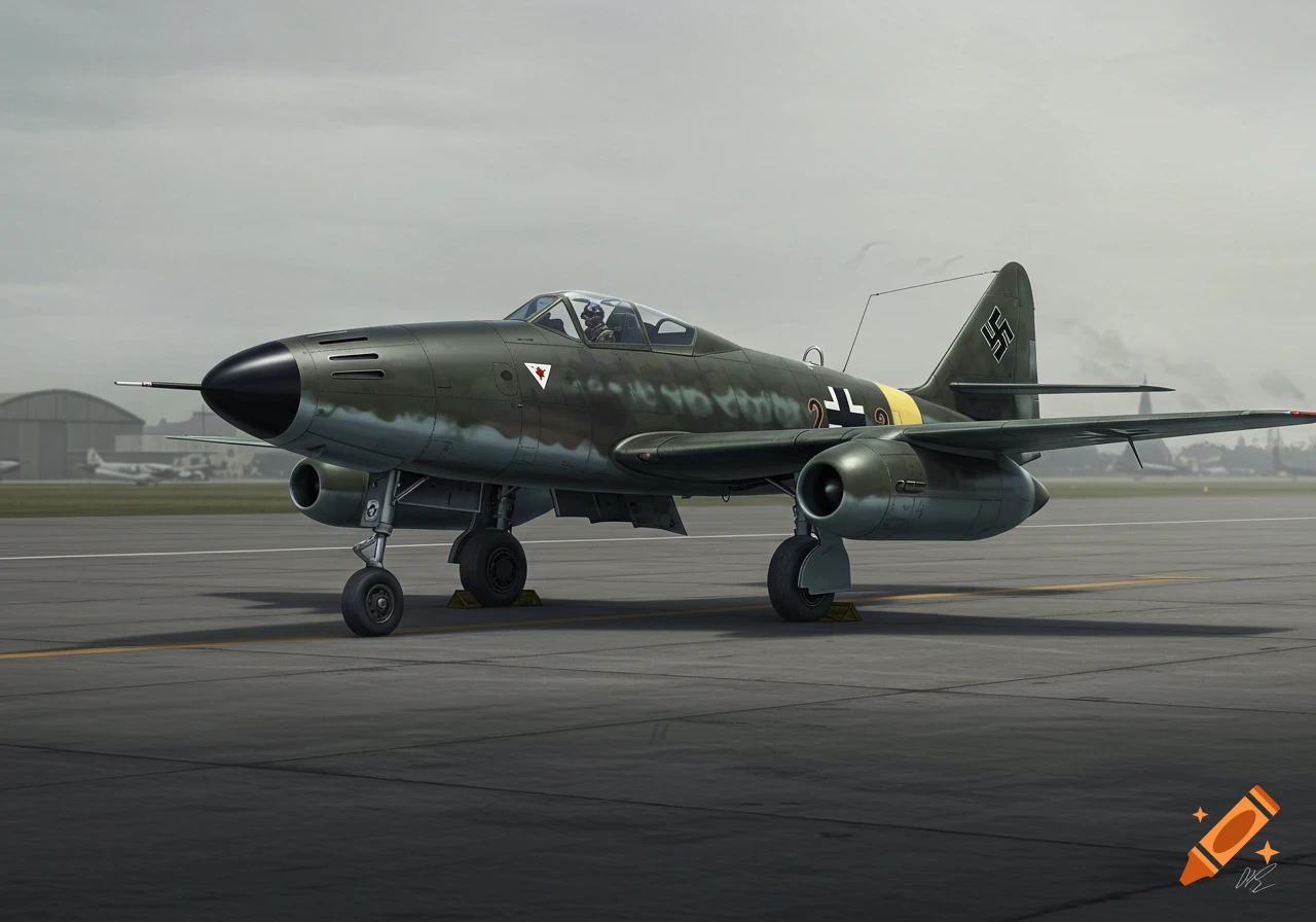 A Messerschmitt 262 jet sits on a runway.