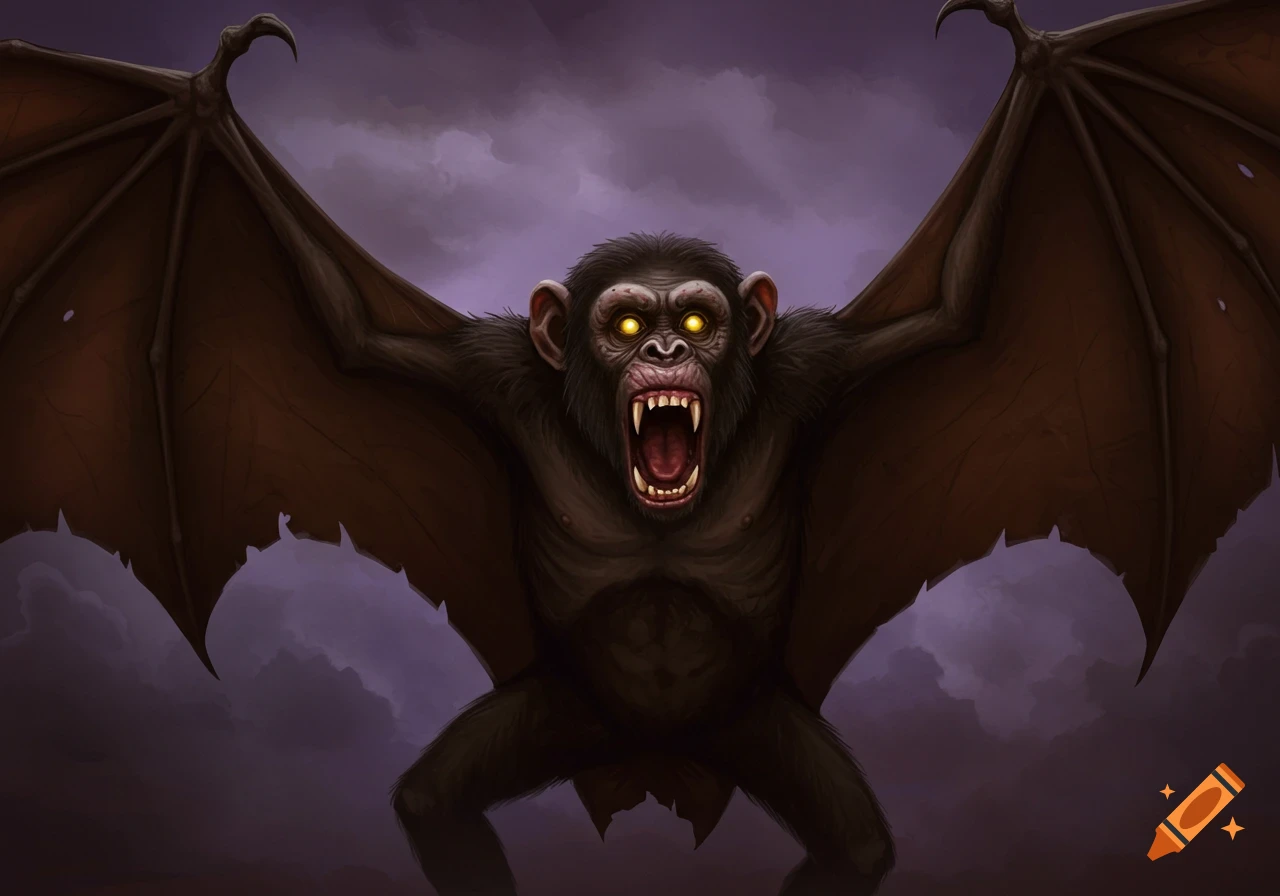 A monstrous chimpanzee-like creature with large bat wings, sharp teeth, and glowing yellow eyes stands against a dark purple sky.