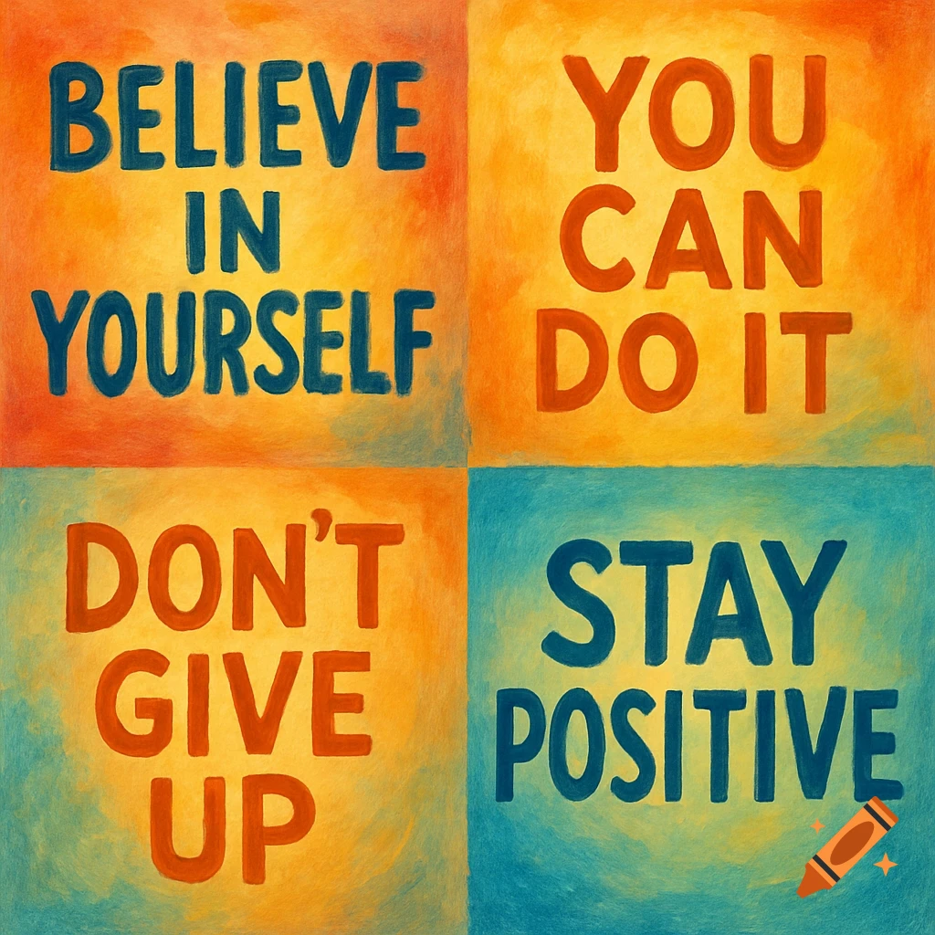 Four panels with motivational quotes in a painted style: 'Believe in Yourself', 'You Can Do It', 'Don't Give Up', 'Stay Positive'.