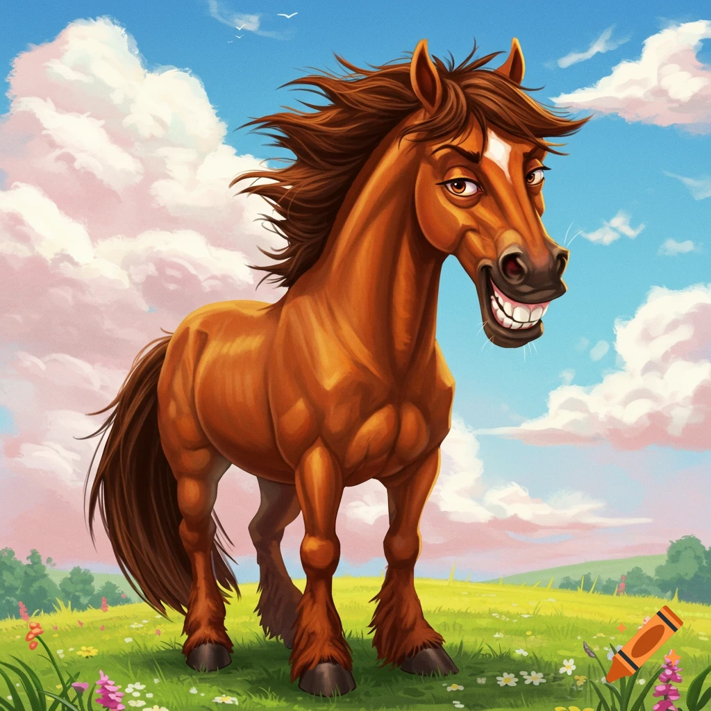 Cartoon horse with a wide grin standing in a grassy field under a cloudy sky
