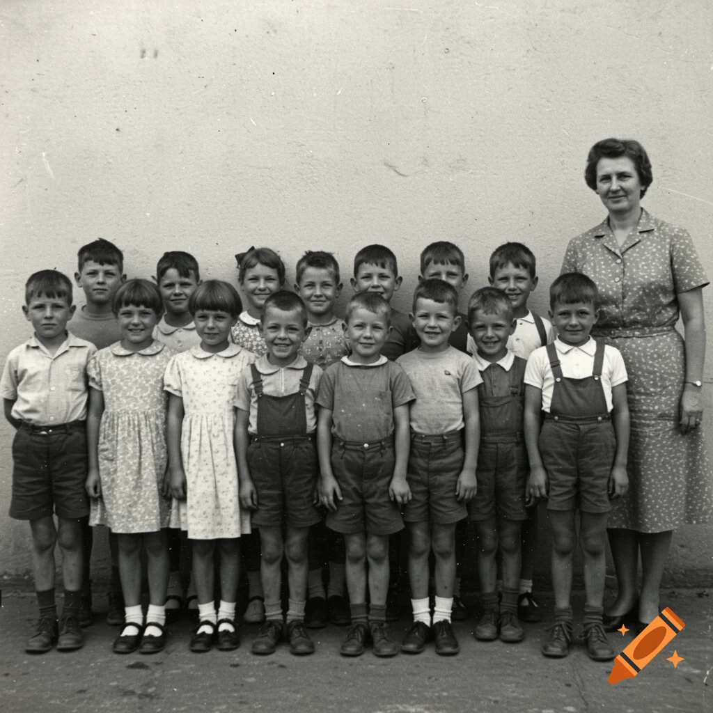 Black and white grainy vintage photo of a group of schoolchildren and their teacher