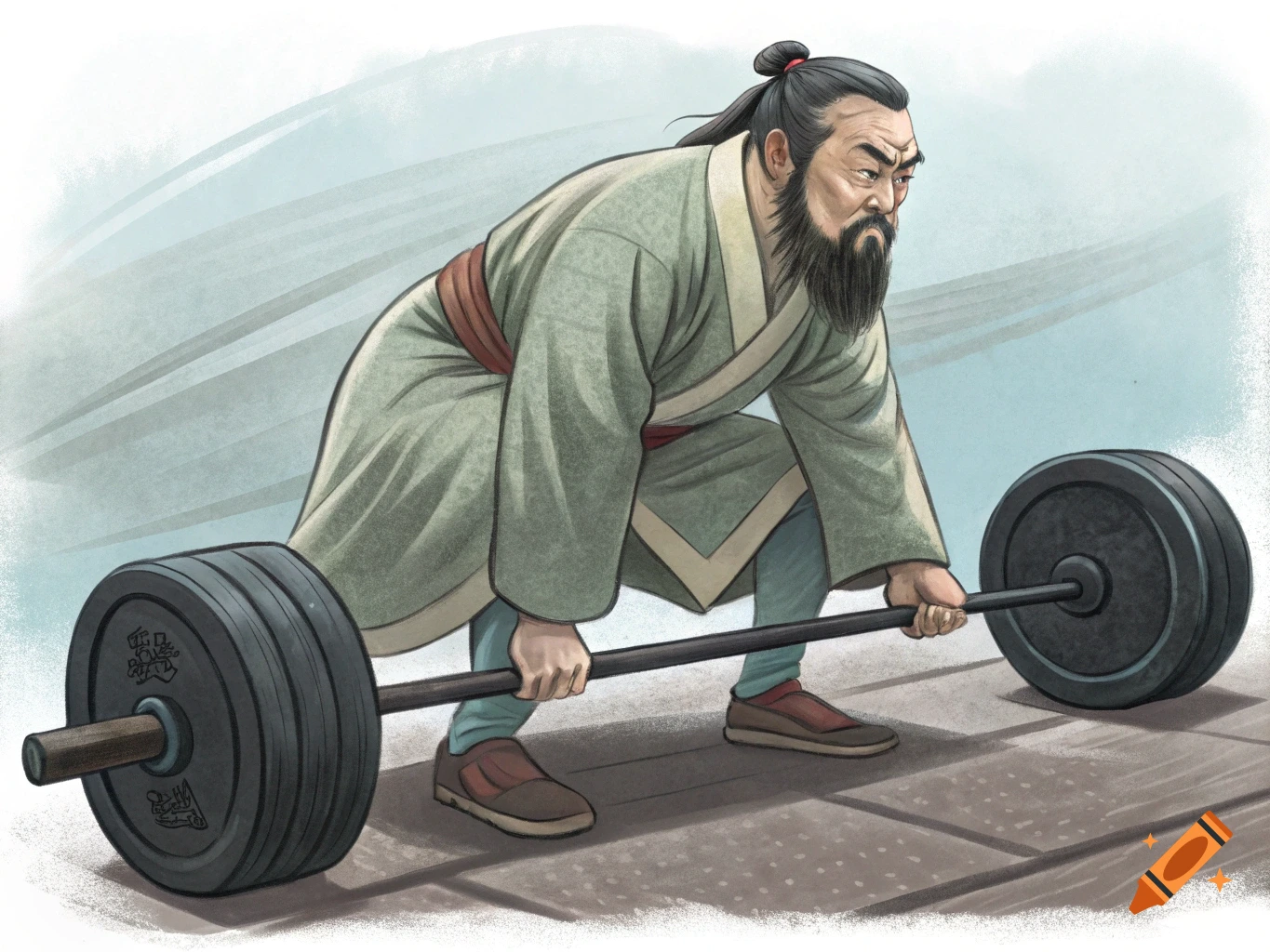 Illustration of Confucius in ancient robes deadlifting a large barbell.
