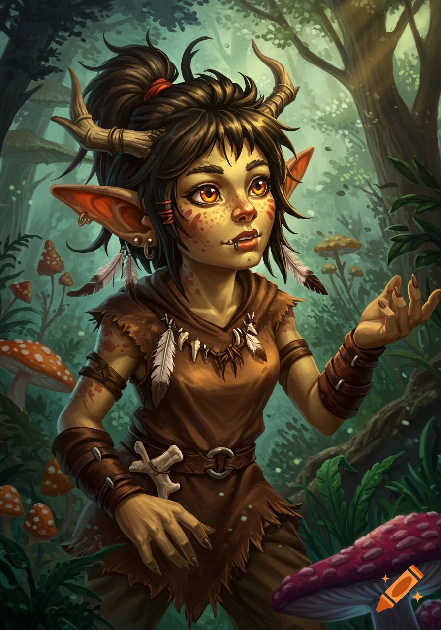 A stylized illustration of a female goblin druid with horns and feathers in a forest.