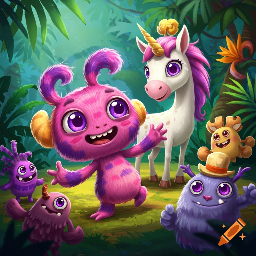 A pink fluffy cartoon monster with large eyes and outstretched arms stands in a jungle with a white unicorn and other colorful monsters.