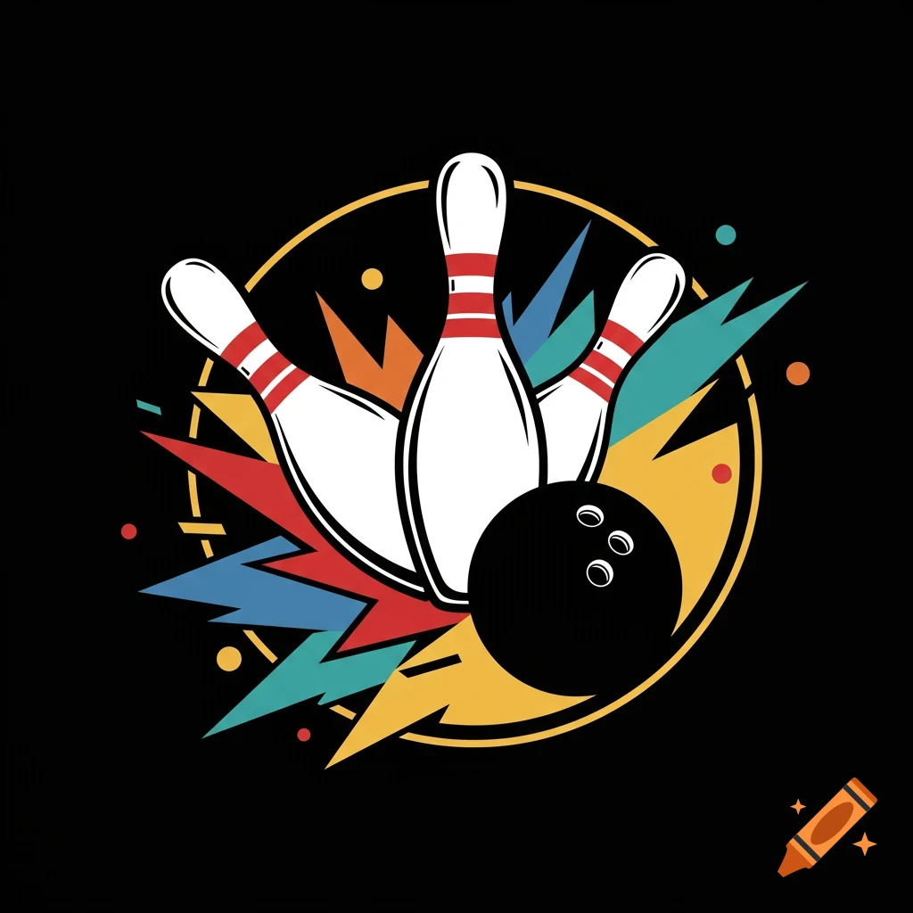 Graphic illustration of bowling pins and a ball with colorful retro shapes on a black background.