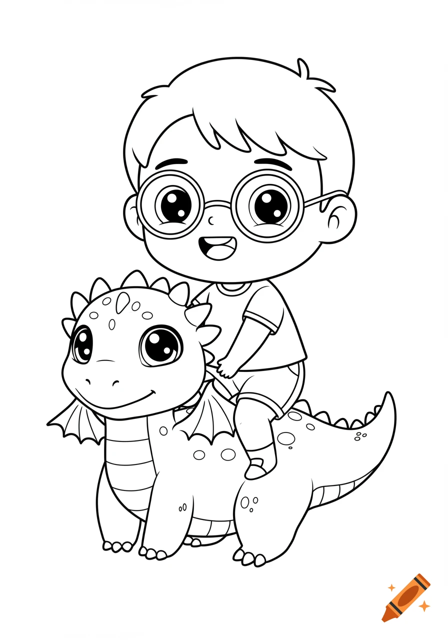Black and white line art cartoon of a boy with glasses riding a baby dragon, for a colouring page.