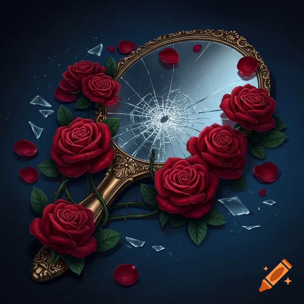 A broken ornate hand mirror lies surrounded by vibrant red roses and shattered glass pieces on a dark background.