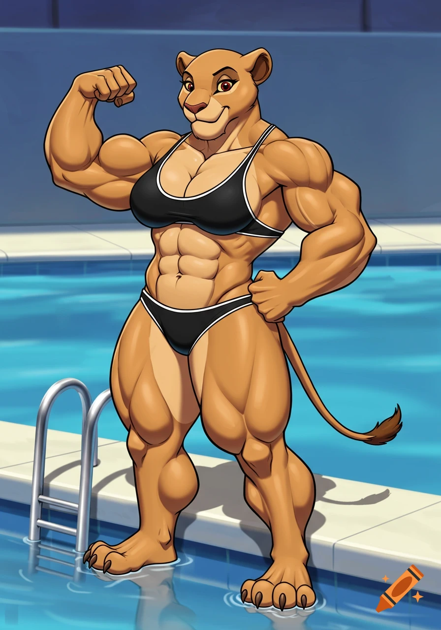 Muscular anthropomorphic lioness in a bikini poses by a pool in a cartoon style.